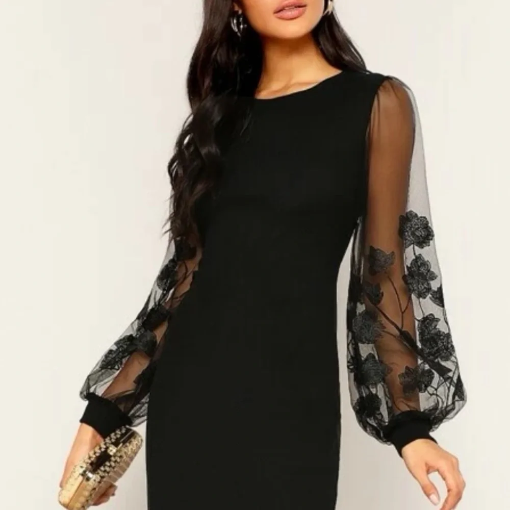 Boho black floral embroidered mesh sheer sleeve fitted midi dress - Picture 4 of 4